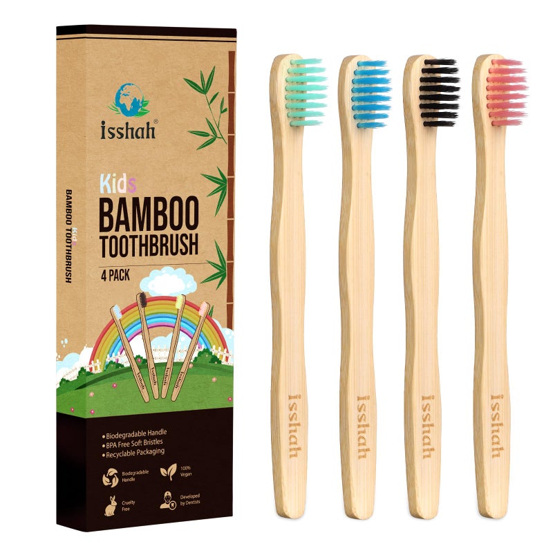 Isshah Kids Bamboo Toothbrushes Biodegradable Handle BPA Free Eco Friendly Children Size, Pack of 4 - Image 1